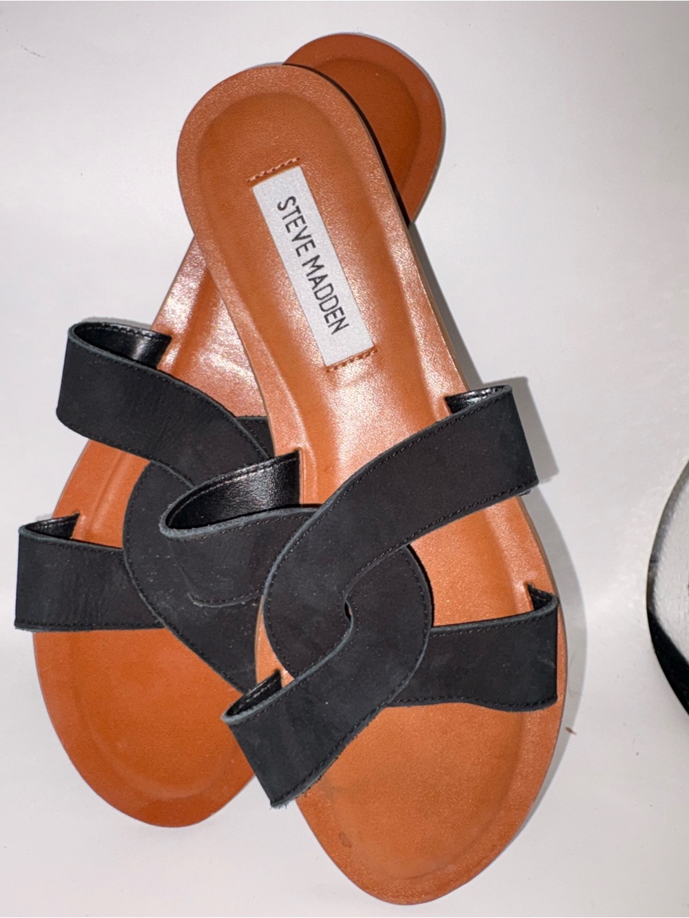 Steve Madden Black Knot Slide Sandals with Tan Footbed